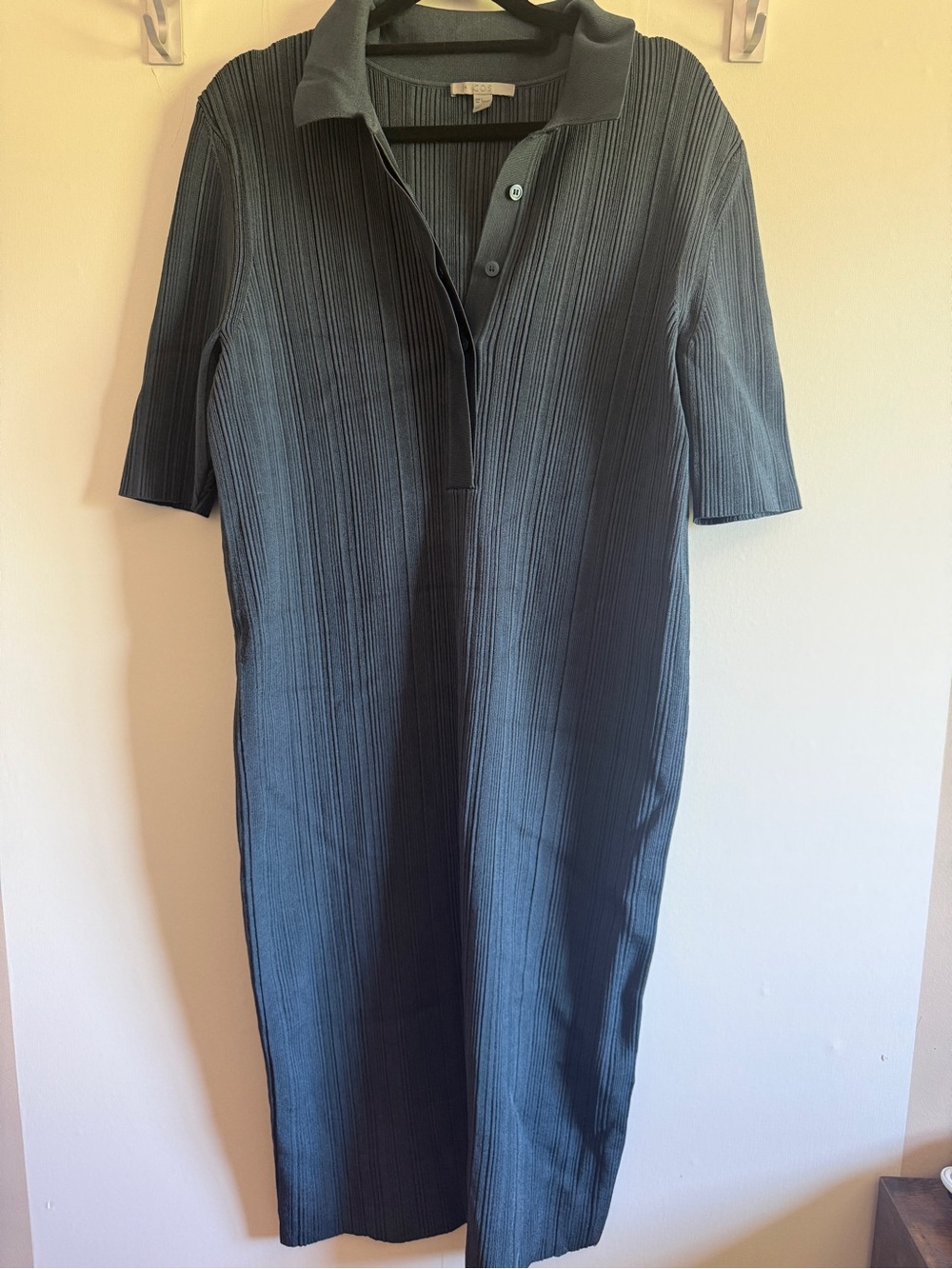 COS Ribbed Knit Midi Dress L Dark Slate Blue Polo Collar Stretch Minimalist